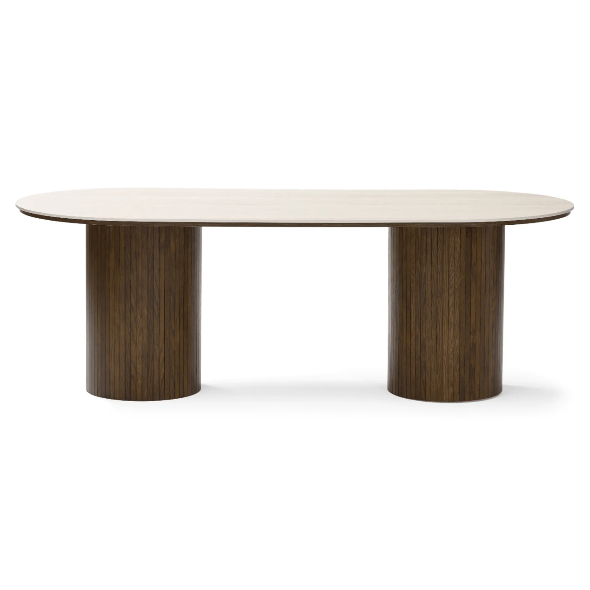 Hot Nimara Enzo ovalt spisebord med stenbordplade i beige og lamelfod i røget eg 220x100x76 cm