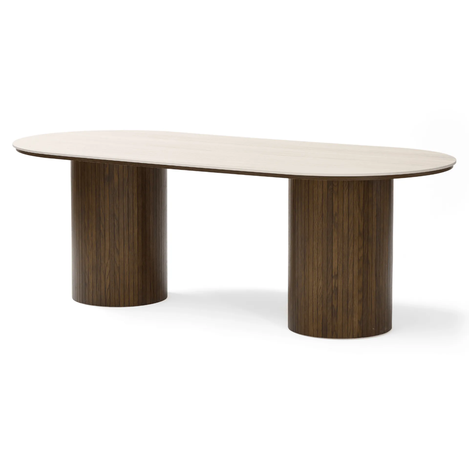 Hot Nimara Enzo ovalt spisebord med stenbordplade i beige og lamelfod i røget eg 220x100x76 cm