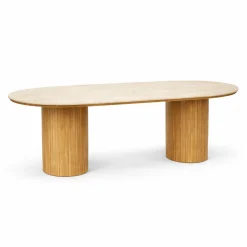 Hot Nimara Enzo ovalt spisebord med stenbordplade i beige og lamelfod i eg 220x100x76 cm