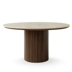 Hot Nimara Enzo rundt spisebord med bordplade i beige sten og lamelfod i røget egetræ Ø120 cm