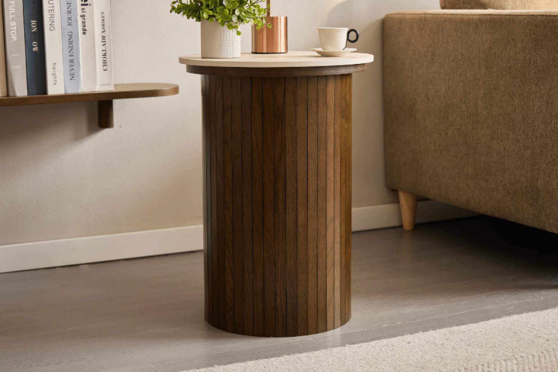 Online Nimara Enzo sidebord i stenbordplade med røget eg lamelfod Ø40 cm