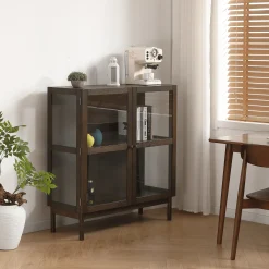 Discount Nimara Havana vitrineskab i røget eg med 2 låger - 110x40x100 cm