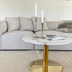 Best Nimara Lazio rundt sofabord i hvid marmor look med guld/messing ben Ø70 cm