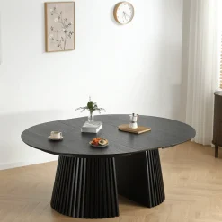 Sale Nimara Lewis - Lamel rundt Spisebord I sort Egefiner med udtræk 150/190/230 CM - 2x tillægsplader medfølger