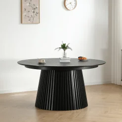 Sale Nimara Lewis - Lamel rundt Spisebord I sort Egefiner med udtræk 150/190/230 CM - 2x tillægsplader medfølger