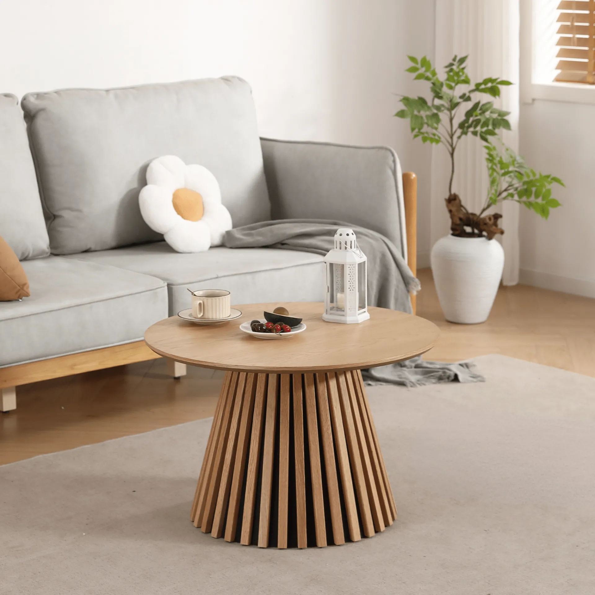 Outlet Nimara Lewis lamel sofabord naturlig egefinér Ø70 cm