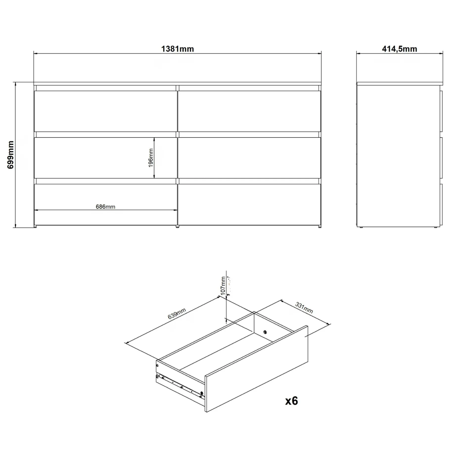Best Nimara Maise kommode H:70 x B:138 x B:41 cm med 6 skuffer i hvid