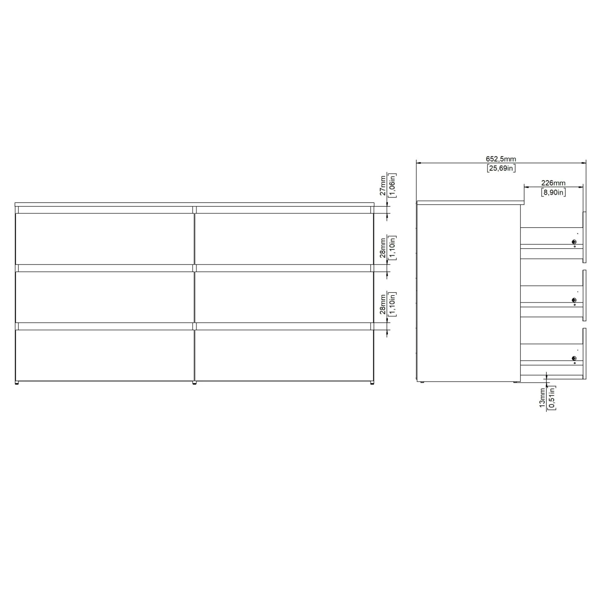 Online Nimara Maise kommode H:70 x B:138 x B:41 cm med 6 skuffer i egelook