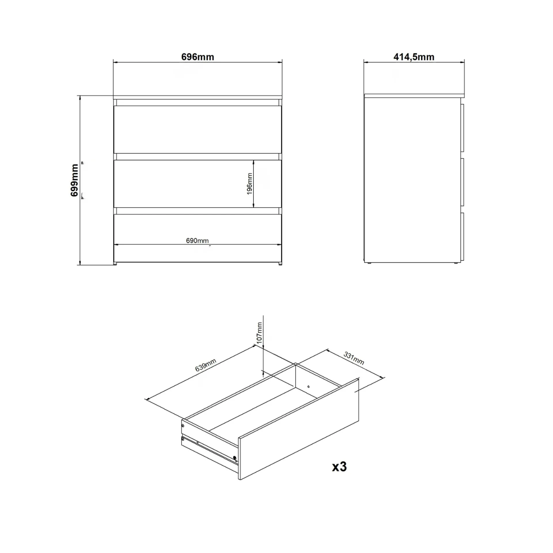 Sale Nimara Maise kommode H:70 x B:70 x D:41 cm med 3 skuffer i hvid