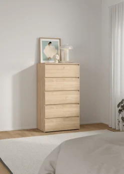 Discount Nimara Maise kommode H:114 x B:65 x D:41 cm med 5 skuffer i egelook