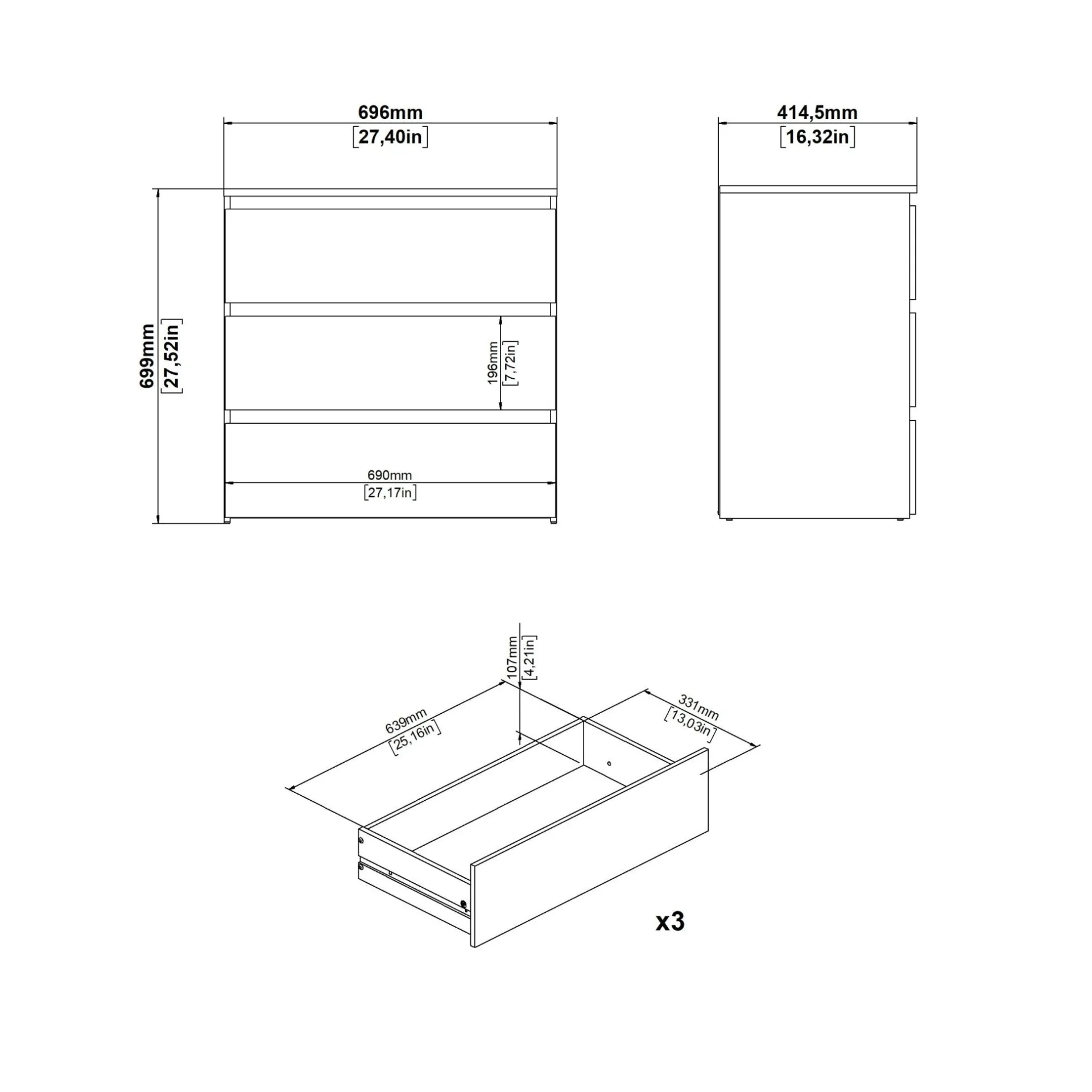 Clearance Nimara Maise kommode  H:70 x B:70 x D:41 cm med 3 skuffer i egelook