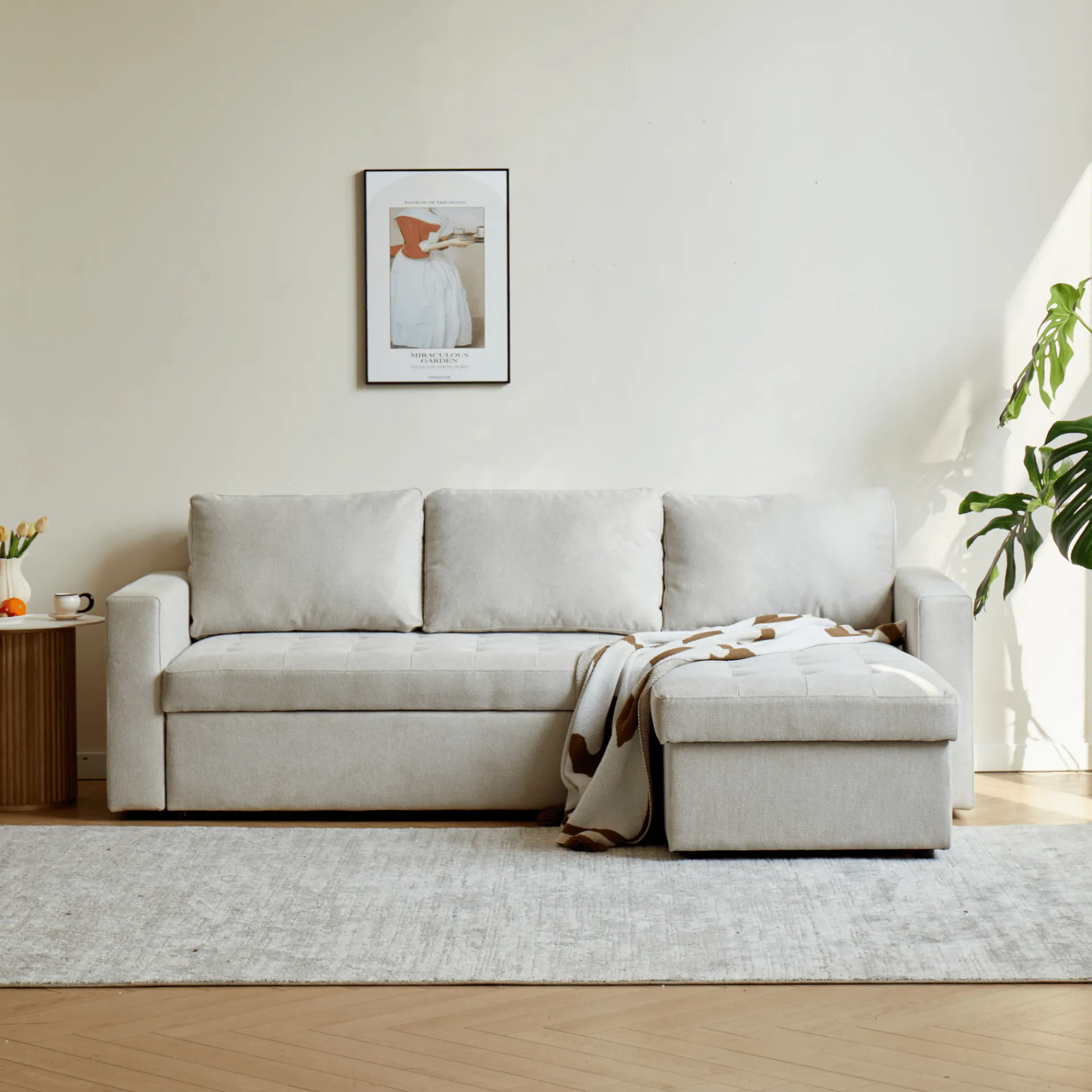 Discount Nimara Sinus beige sovesofa med vendbar chaiselong og opbevaring