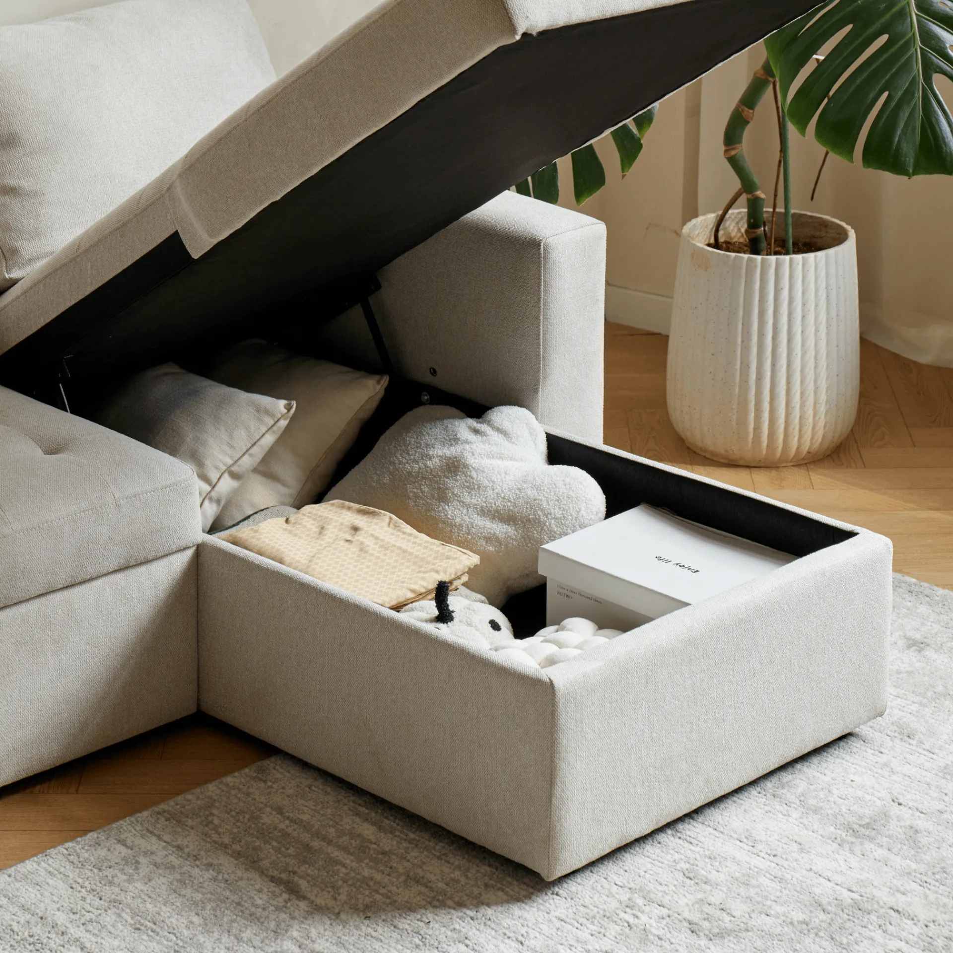 Discount Nimara Sinus beige sovesofa med vendbar chaiselong og opbevaring
