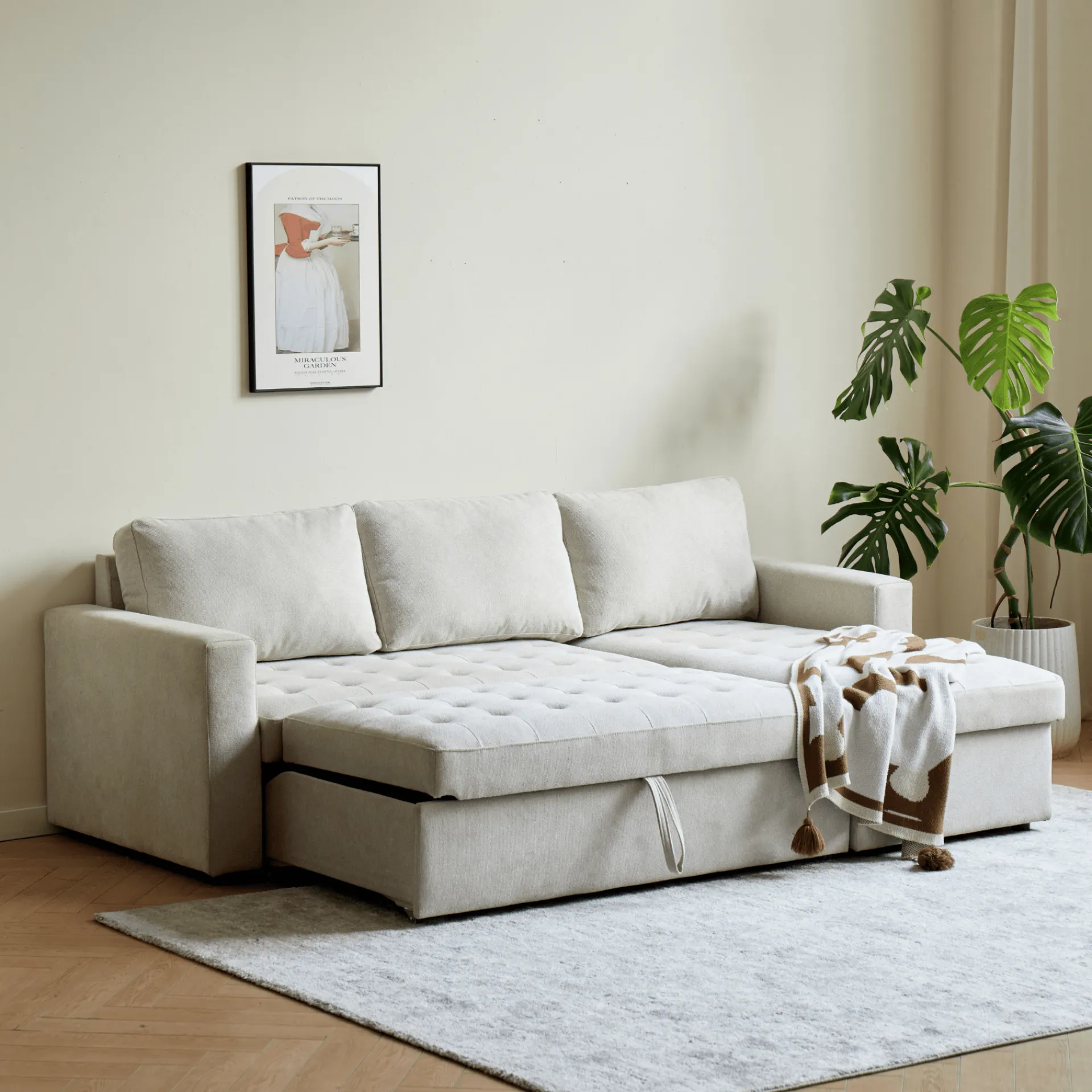 Discount Nimara Sinus beige sovesofa med vendbar chaiselong og opbevaring