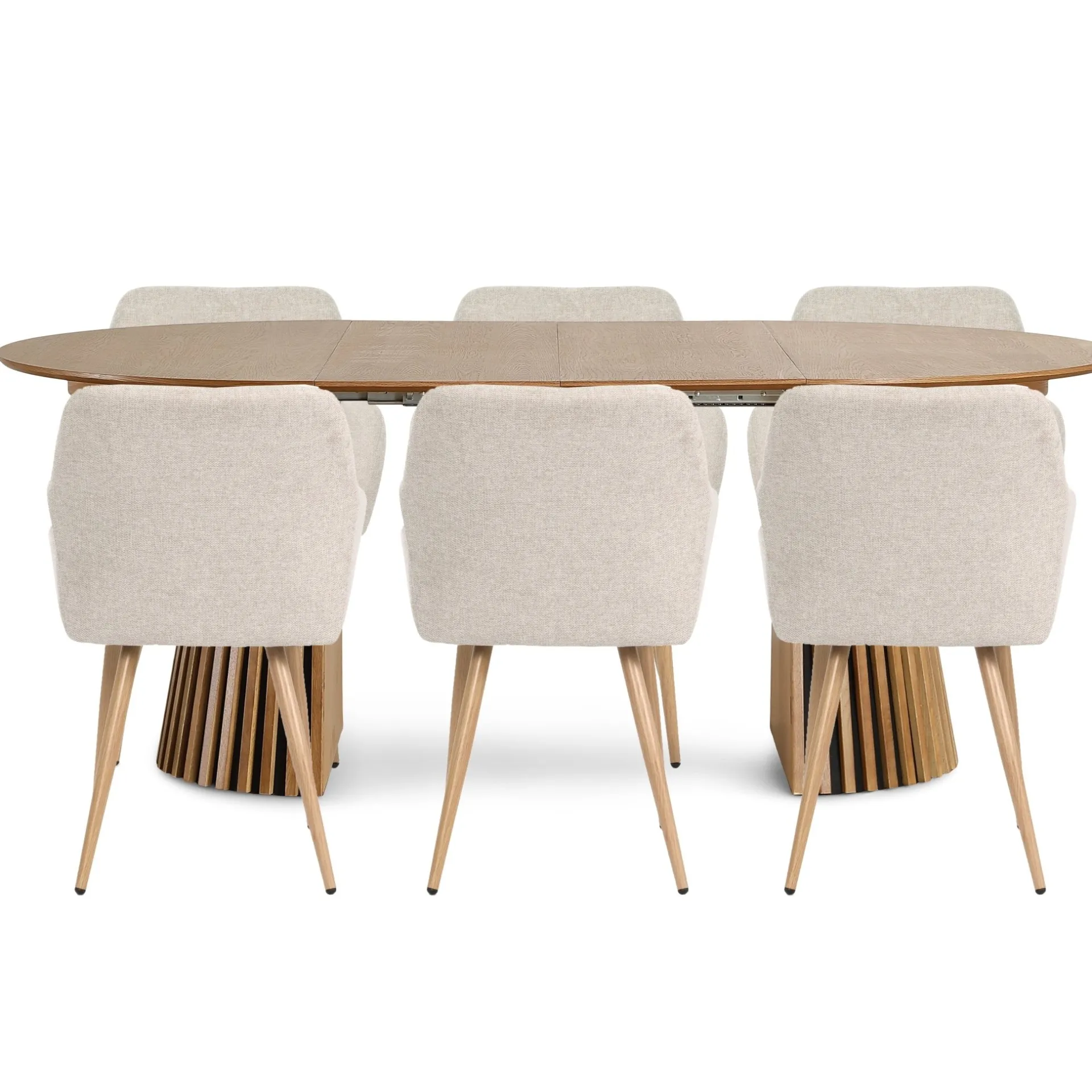 Sale Nimara Spisebordssæt - Lewis lamel spisebord Ø120 cm med udtræk i egefiner + 6 x Jenna spisebordsstole i beige