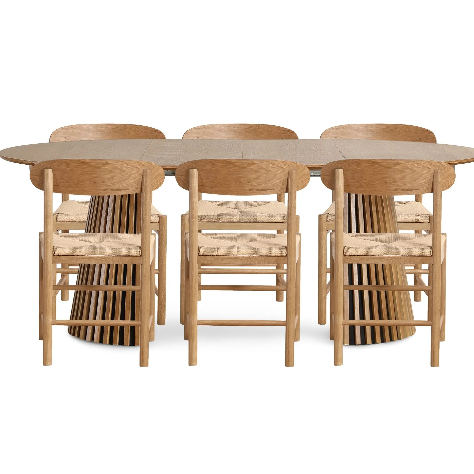 Nimara Spisebordssæt - Lewis lamel spisebord Ø120 cm med udtræk i egefiner + 6 x Madison spisebordsstole i eg