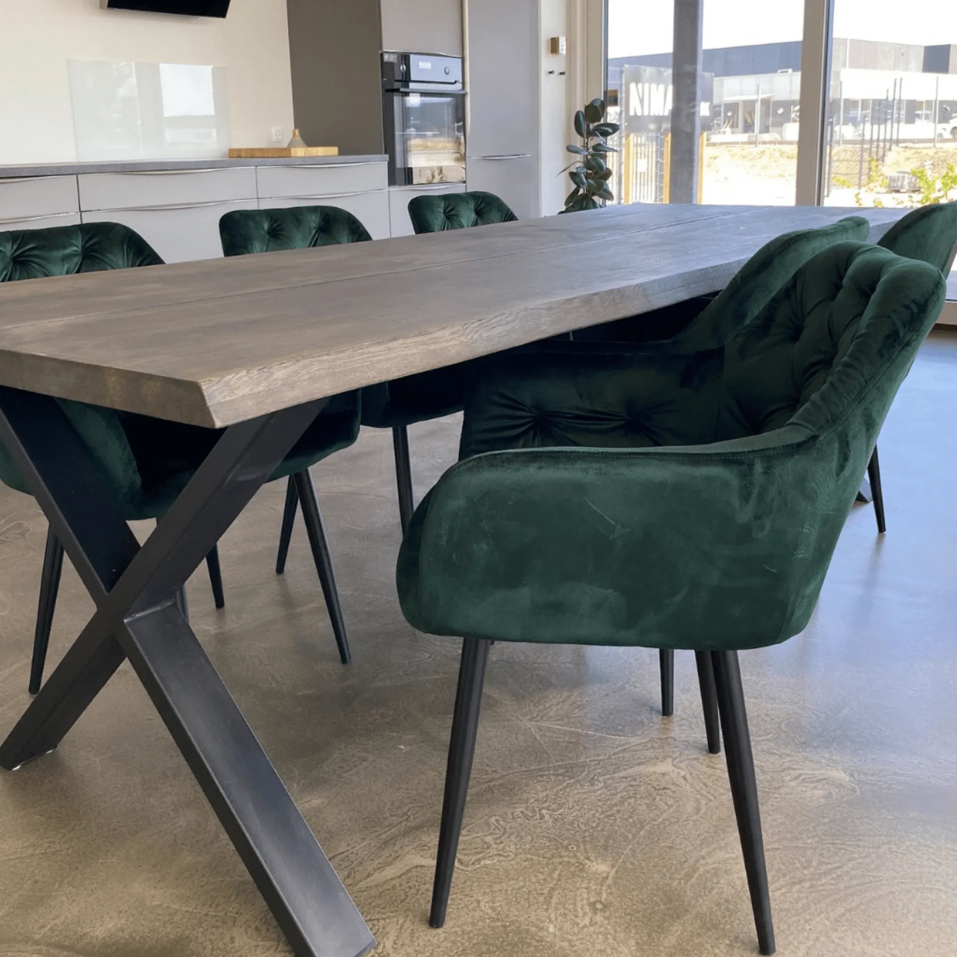 Discount Nimara Susan plankebord - 300x95 cm - i smoked eg med krydsben - (Forberedt til tillægsplader)